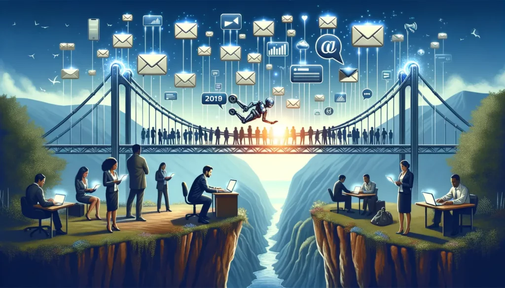 Illustrative concept showing business professionals engaged in digital communication and data analysis over a metaphorical bridge connecting two cliffs.