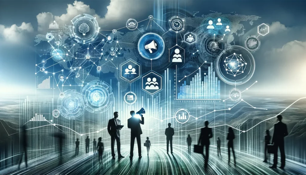 Silhouettes of business professionals against a futuristic digital landscape with interconnected data and analytics symbols.
