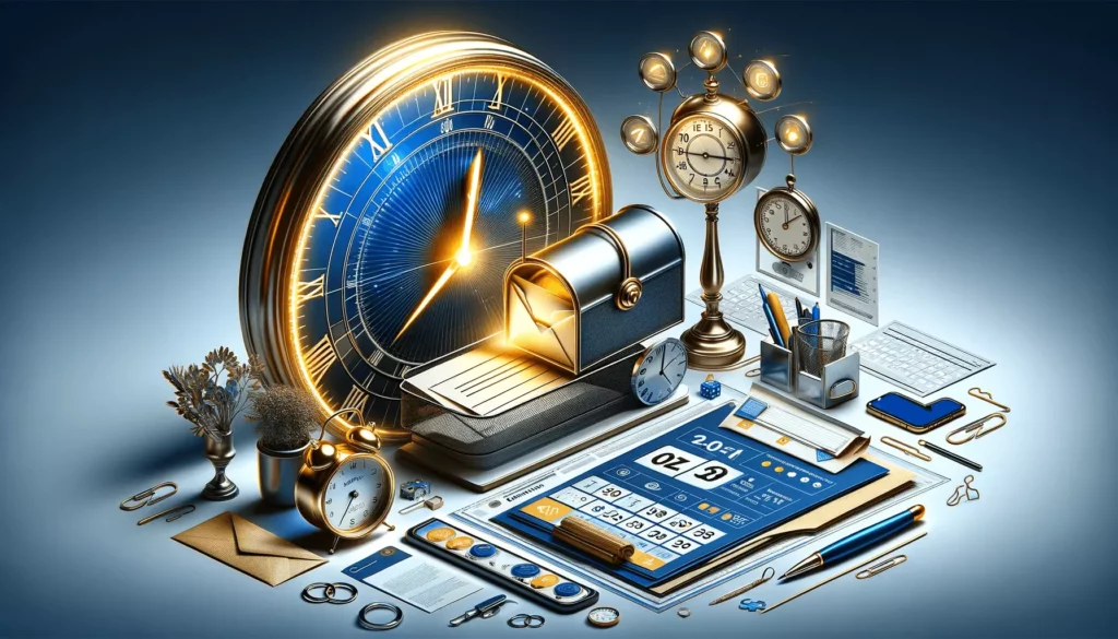 Artistic representation of time management and scheduling in email marketing with various clocks and a mailbox on a desk.