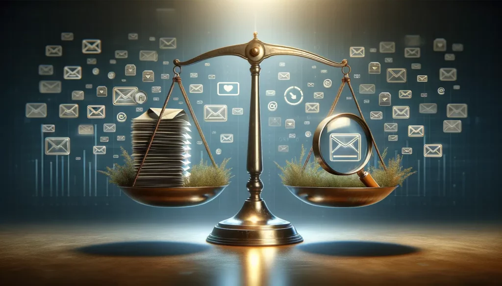 Scales of justice balancing a stack of emails and a magnifying glass, against a backdrop of floating email and social media icons.