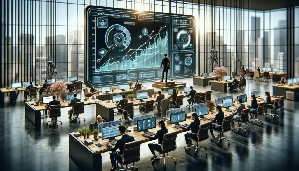 Modern command center with professionals at workstations and a giant data analytics display wall, illustrating a B2B outbound prospecting operation.