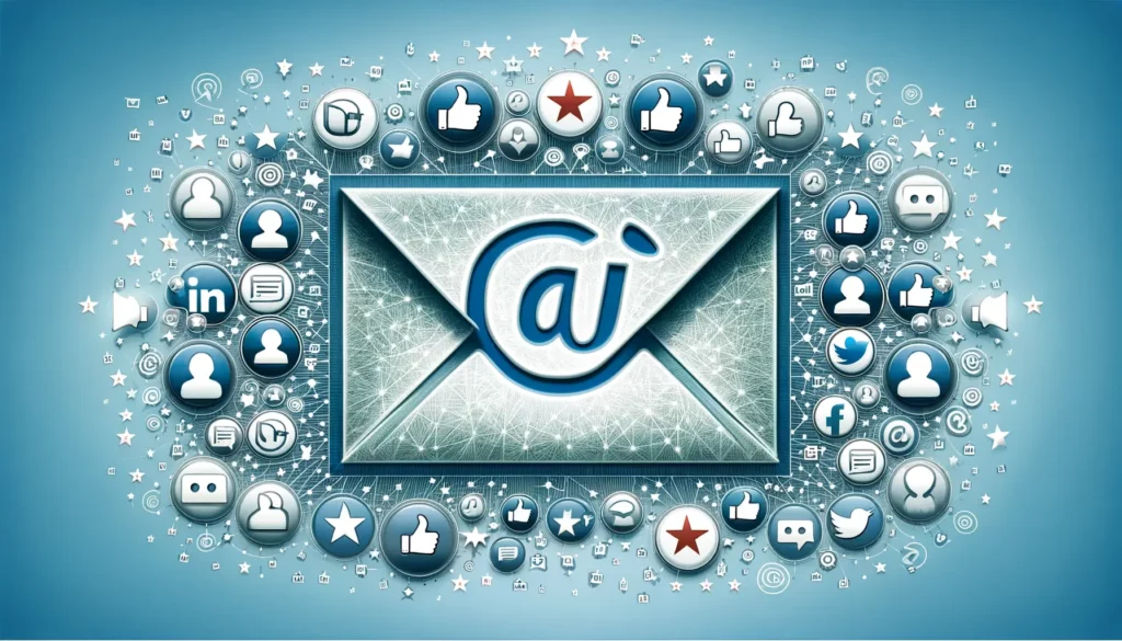 An email icon surrounded by various social media and communication symbols, representing the integration of social proof in digital marketing.