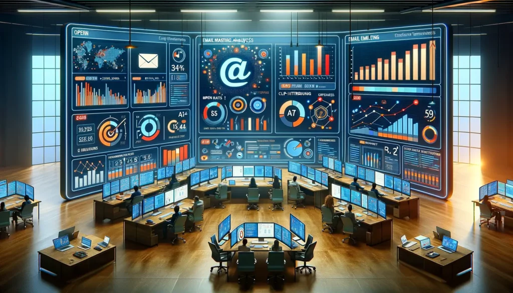 High-tech command center with multiple workstations monitoring email campaign analytics on large digital displays.