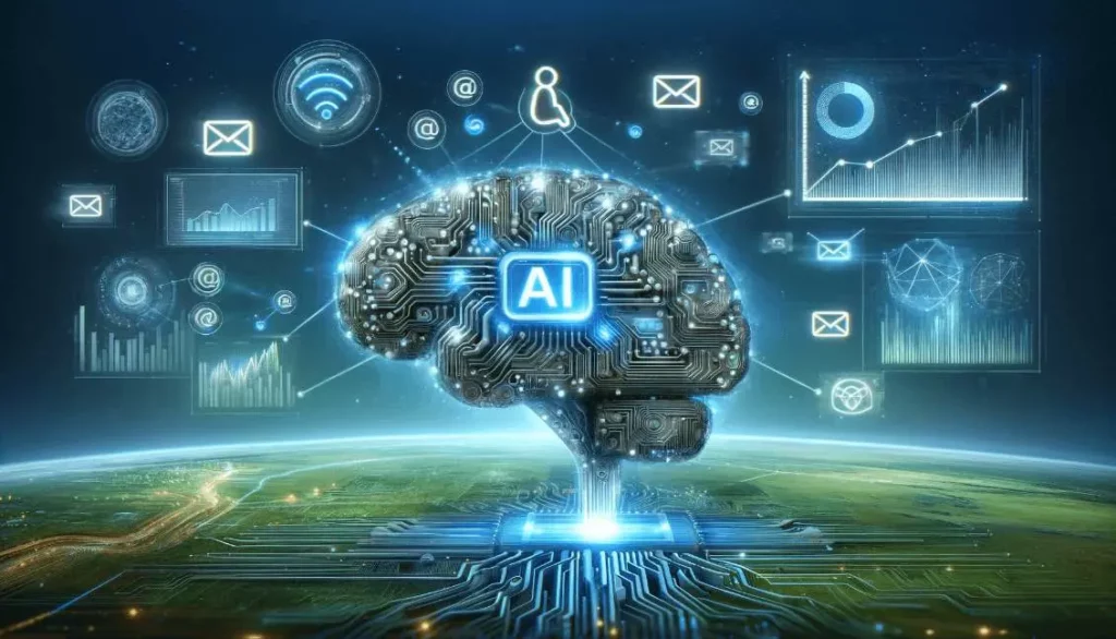 Artificial intelligence brain circuit with AI symbol, surrounded by futuristic technology and data analytics icons, over a circuit board landscape.