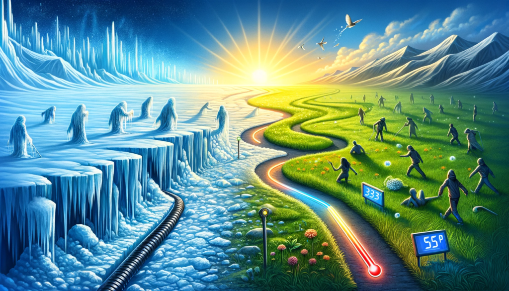 Surreal landscape transitioning from a frozen ice realm with stalagmites on the left to a sunlit, green valley with active people on the right, under a clear blue sky.