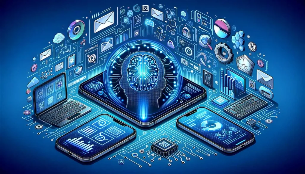 Digital artwork of futuristic technology with a human brain circuit on a tablet, surrounded by devices and icons representing data analytics, communication, and connectivity.