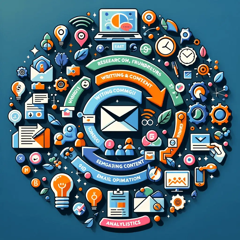 Colorful infographic illustrating the elements of cold email marketing and lead generation with vibrant icons and arrows indicating flow.