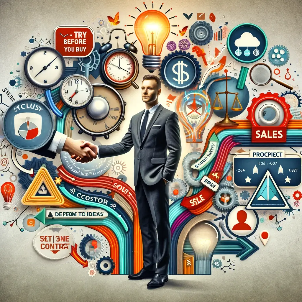Digital collage of sales closing techniques featuring handshake, ticking clock, contract under magnifying glass, 'Try Before You Buy' sign, idea light bulb, and decision-making balance scale, with a confident salesperson at the center, against an abstract sales funnel background.