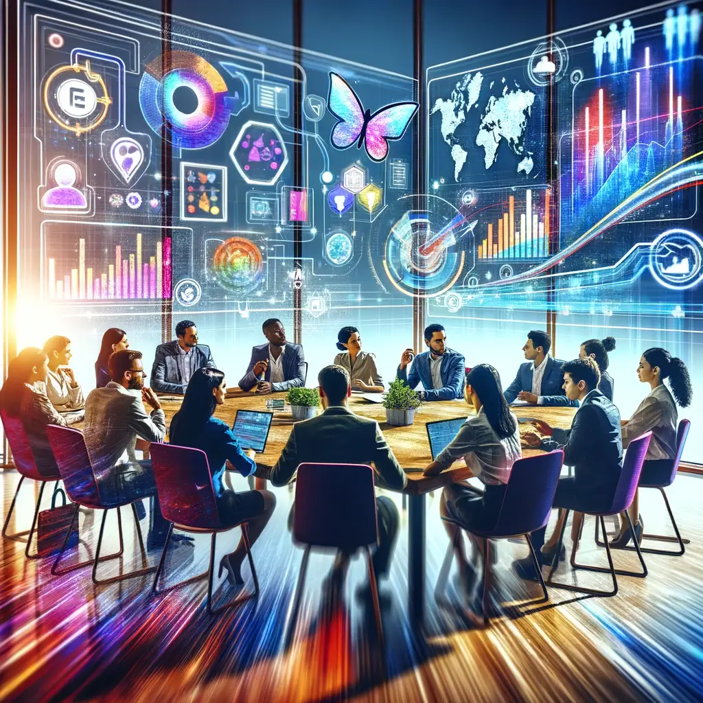 A futuristic office scene with a diverse group of professionals engaged in a brainstorming session, surrounded by digital holograms of charts, graphs, and social media icons.