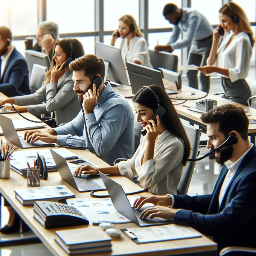 Diverse team of sales professionals in a modern office, some working on computers and others on phone calls. cold email vs cold call