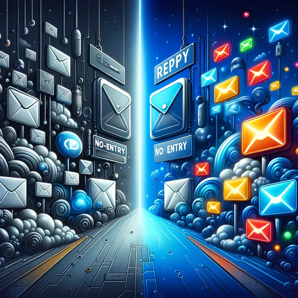 A digital illustration contrasting two email environments: on the left, a sleek, futuristic no-reply environment with metallic closed envelopes and digital 'no entry' signs; on the right, a vibrant reply-enabled environment with colorful open envelopes and glowing speech bubbles.