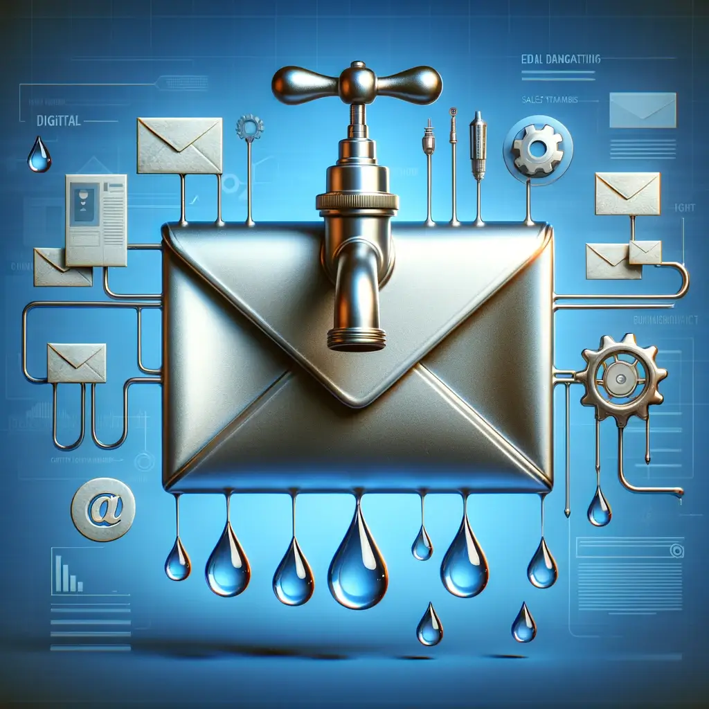 Stylized email envelope with a faucet dripping water droplets, symbolizing email drip campaigns in digital marketing.