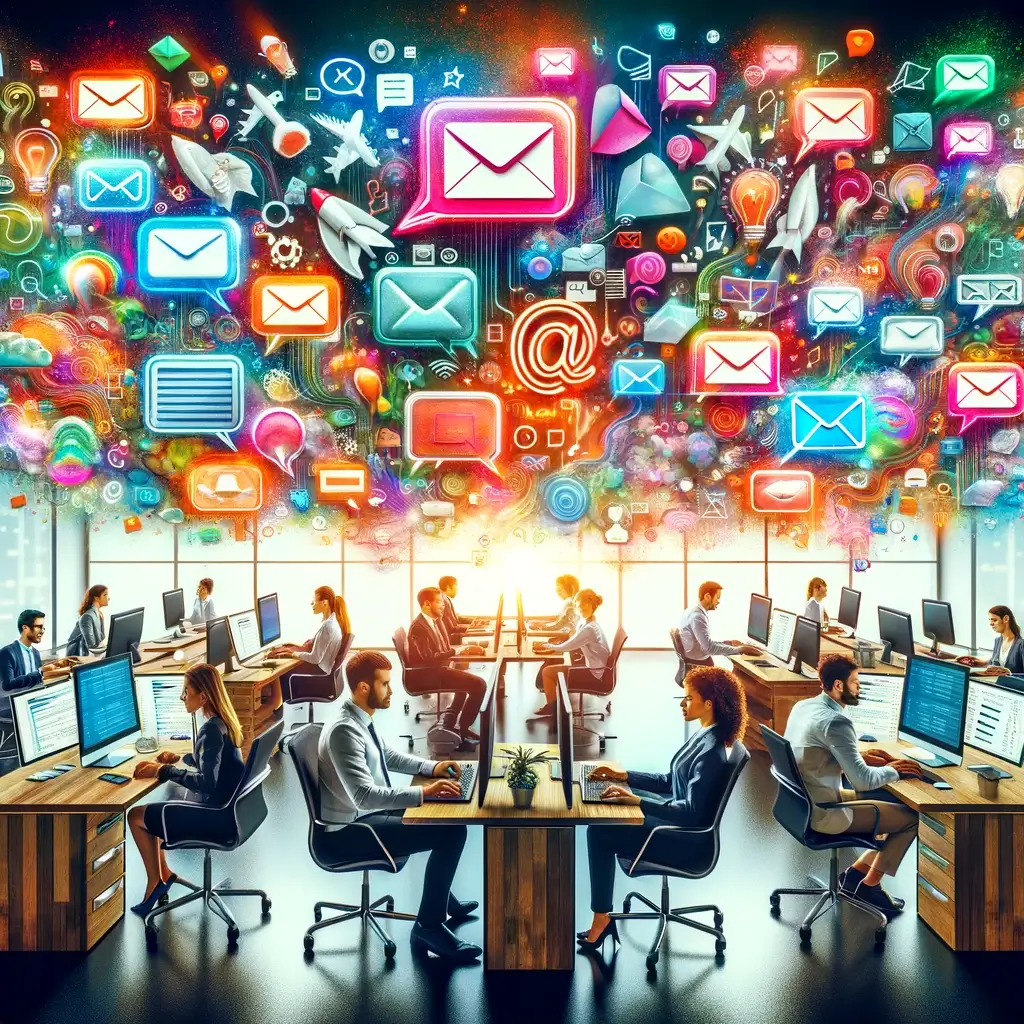 A colorful digital illustration of a lively office space with diverse professionals at their computers, with imaginative email subject lines in speech bubbles above them, surrounded by floating envelopes, glowing screens, and animated email icons