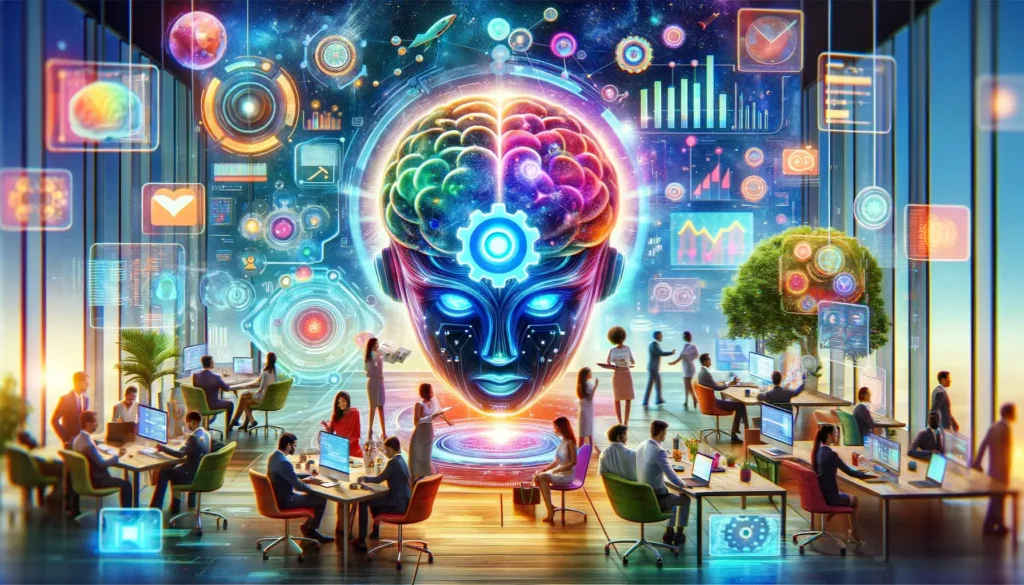 A vibrant, futuristic sales environment with a central AI brain symbolizing ChatGPT, surrounded by sales professionals engaging in various activities like data analysis on holographic screens, email crafting on advanced computers, and strategy discussions in a high-tech meeting room