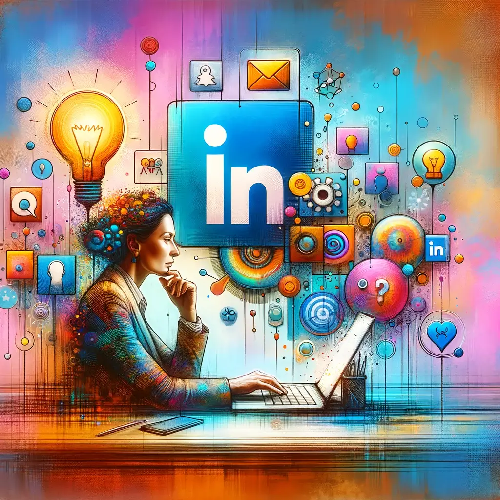 An artistic and colorful illustration of a person in a contemplative pose, sitting at a stylish desk, composing a LinkedIn message on a laptop. The surrounding space is adorned with symbolic icons like LinkedIn logos, envelopes, and lightbulbs, set against a backdrop of soft pastel colors.
