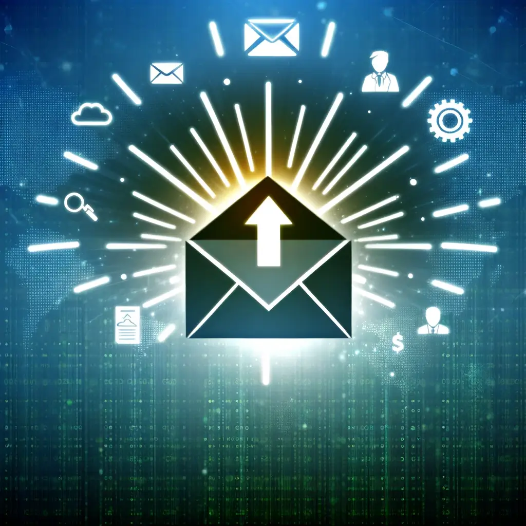 Abstract representation of B2B lead generation through cold emailing, featuring a stylized email envelope and industry icons.