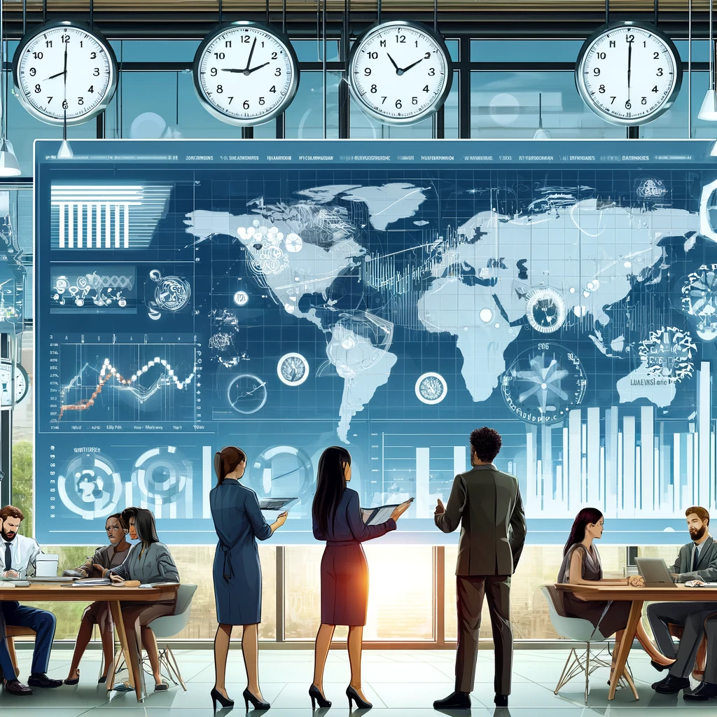 A diverse group of business professionals (Asian female, Black male, and Caucasian male) in a modern office setting discussing strategies around a digital table displaying graphs and schedules, with digital clocks showing different global times on the walls.