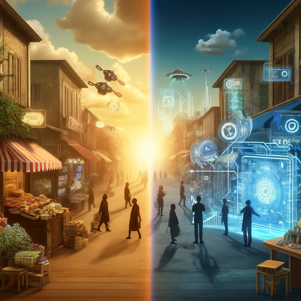 Split-scene image showcasing the evolution of e-commerce: one side depicts a traditional market street with brick-and-mortar shops and face-to-face transactions in warm tones, and the other side features a futuristic digital marketplace with floating digital displays and holographic interactions in cool blue and silver hues.