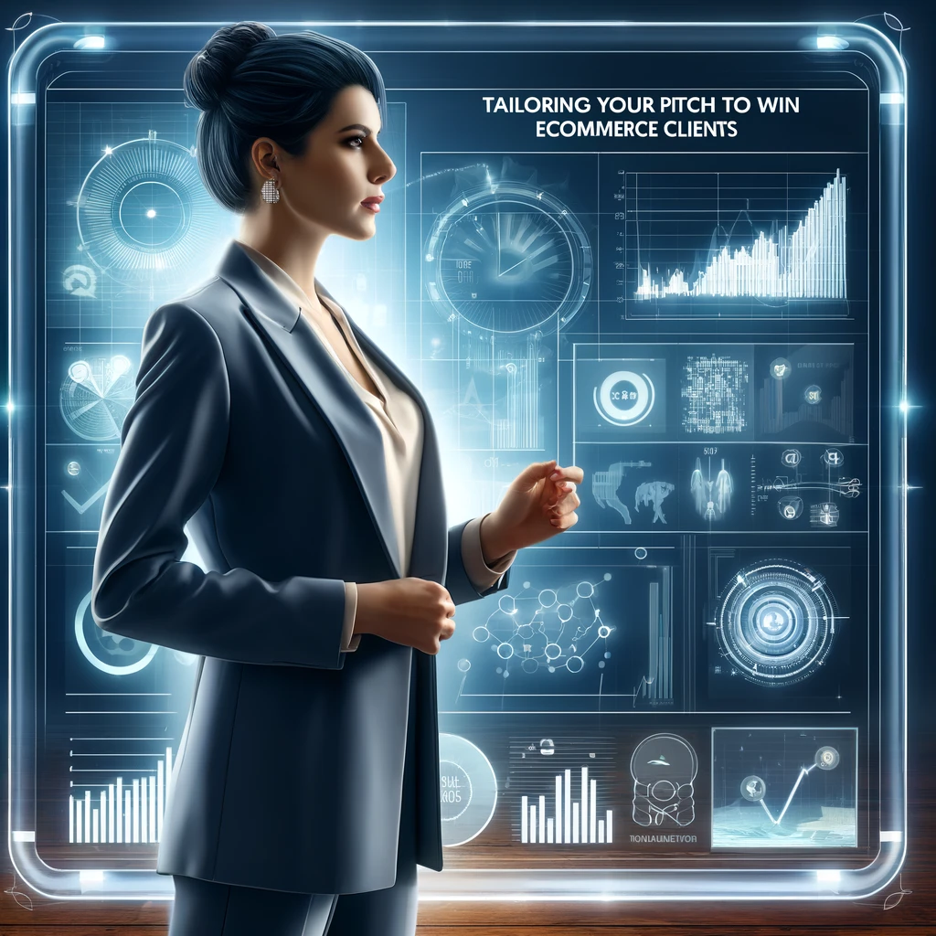 Modern, gender-neutral business person standing in front of a large interactive digital screen displaying graphs and analytics data, set in a sleek, high-tech office environment.