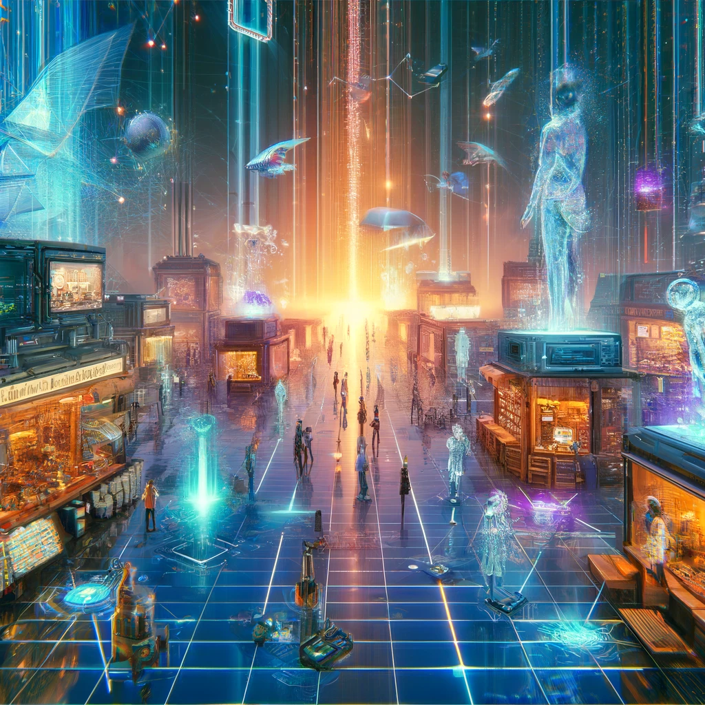 Futuristic digital marketplace scene with diverse avatars interacting through advanced tech in a cyberpunk-inspired setting with neon signs and data rivers.