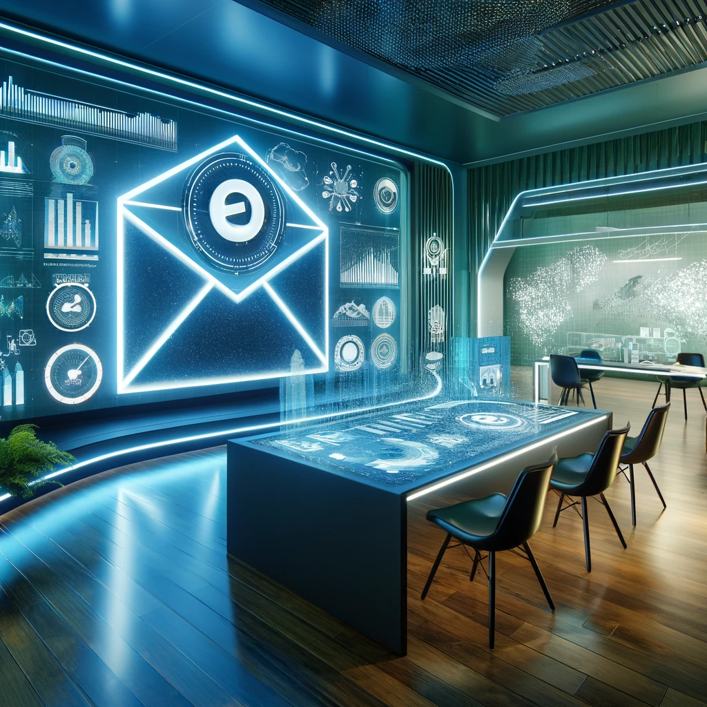 A futuristic digital marketing workspace with a large holographic envelope, curved monitors displaying analytics, and ambient blue and green lighting.